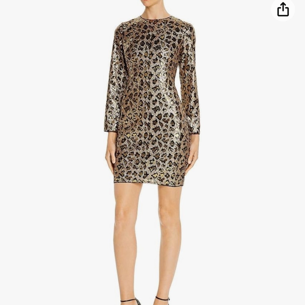 Aidan mattox leopard sheath mini sequin long sleeve dress sz 8 animal print